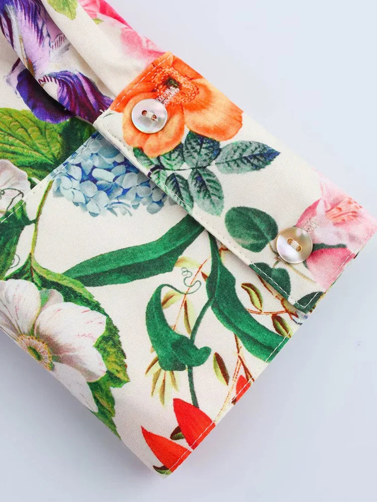 Women Vintage Floral Print V-Neck Poplin Blouse Elegant Summer Shirt for Casual and Streetwear