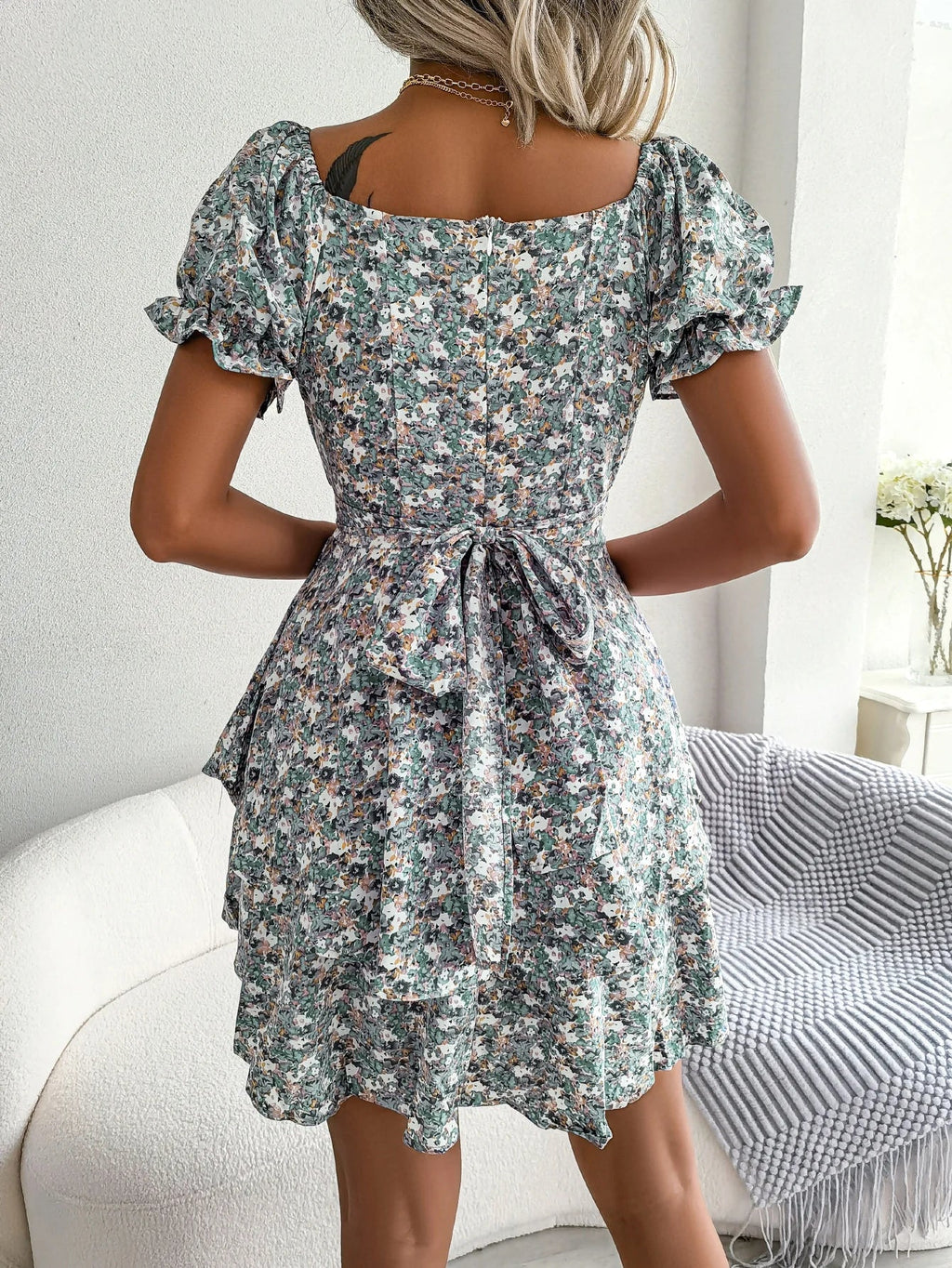 Floral Print Pleated Dress For Women Knee Length Summer
