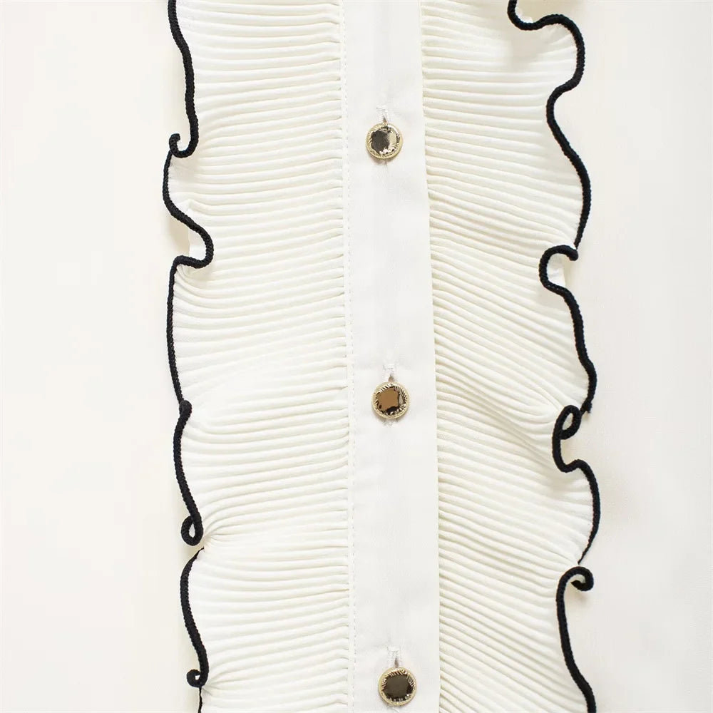 Color Block Splicing Long Sleeve V Neck Shirt with Decorative Edge and Layered Small Pleats