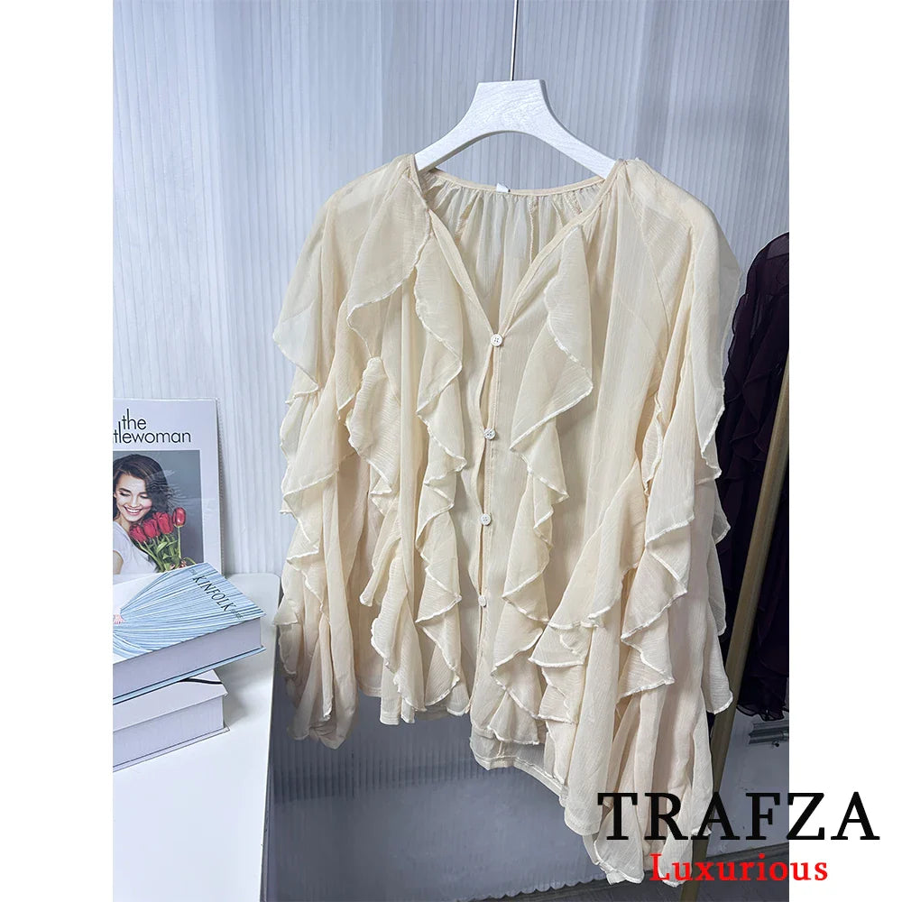 Sexy Transparent Tassel Chiffon Women Blouse Long Sleeve V Neck Loose Fit Single Button Shirt Stylish Lightweight Top for Spring and Summer