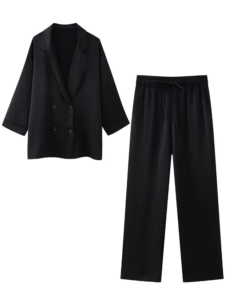 Chic Women's Two Piece Set with Solid Double Breasted Blazer and Vintage Elastic Waist Trousers for Effortless Style