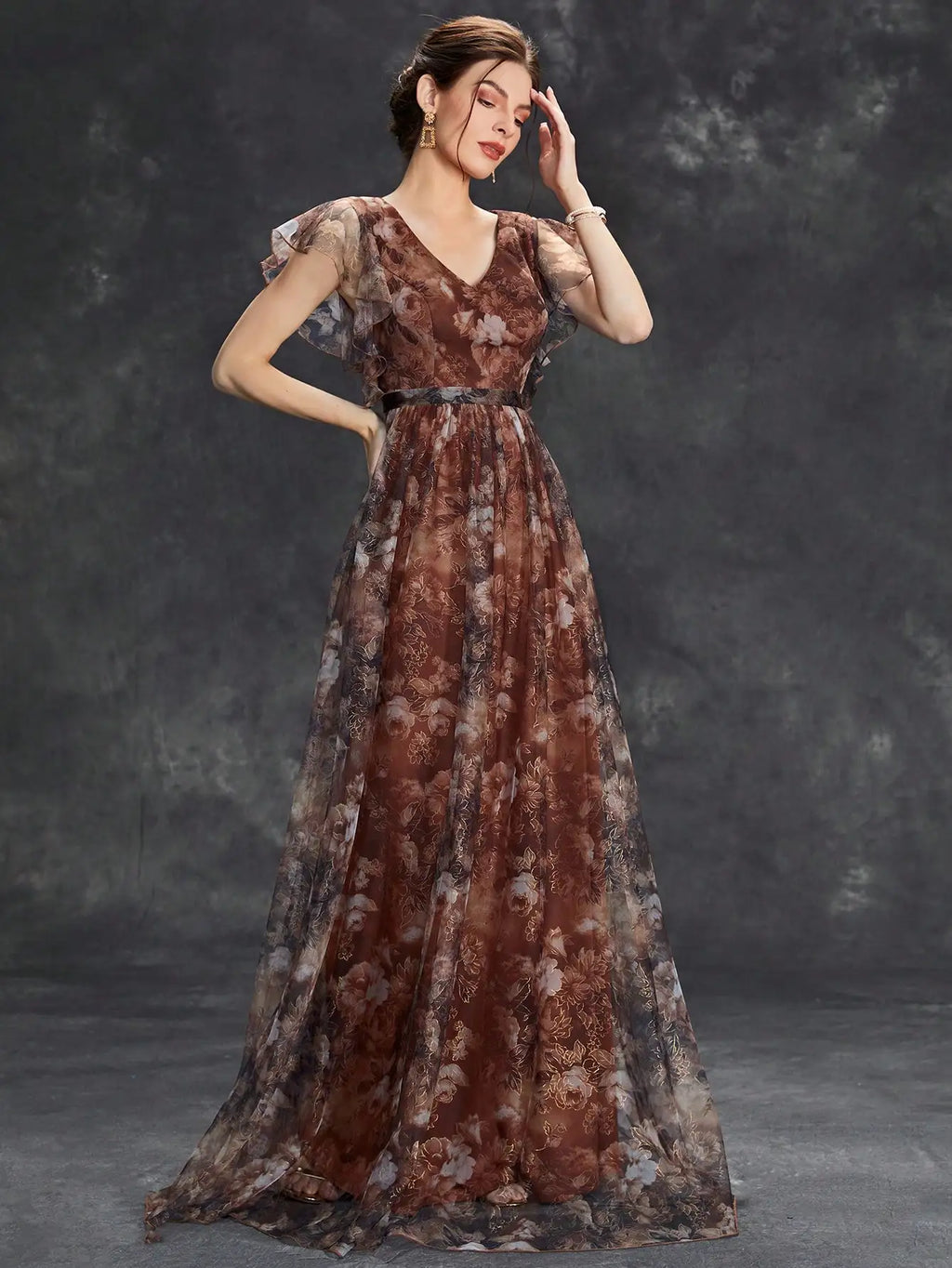 V Neck Lace Patchwork Evening Gown With Ruffled Sleeves