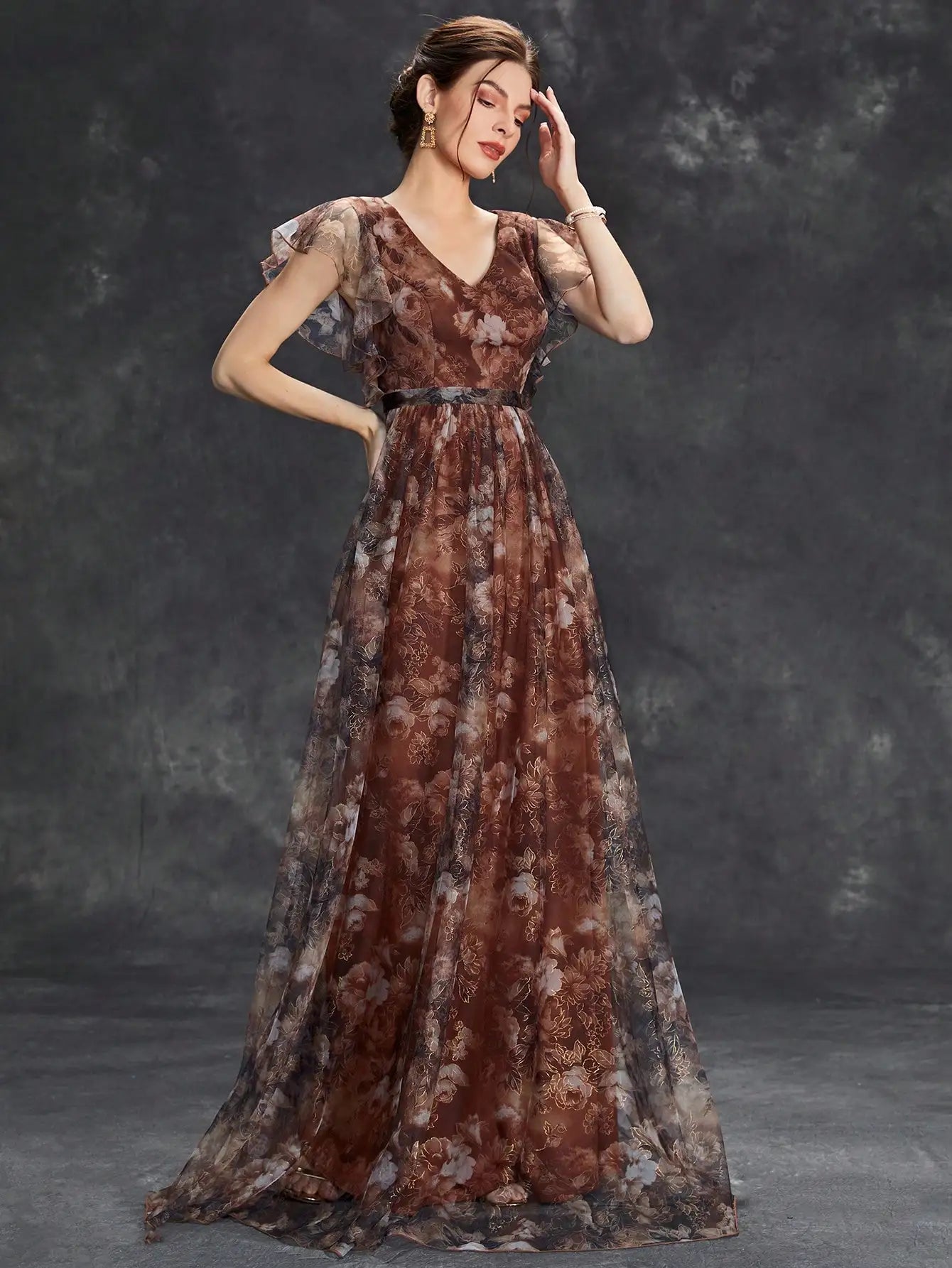 V Neck Lace Patchwork Evening Gown With Ruffled Sleeves