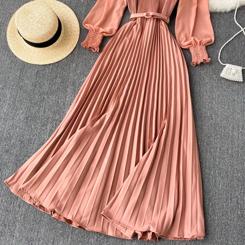 Elegant Long Sleeve Pleated Belted Dress for Women Spring