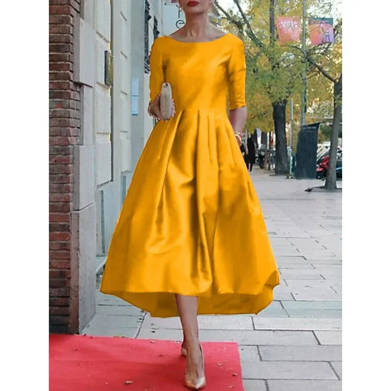 Elegant Banquet Evening Midi Dress Pleated Solid Color