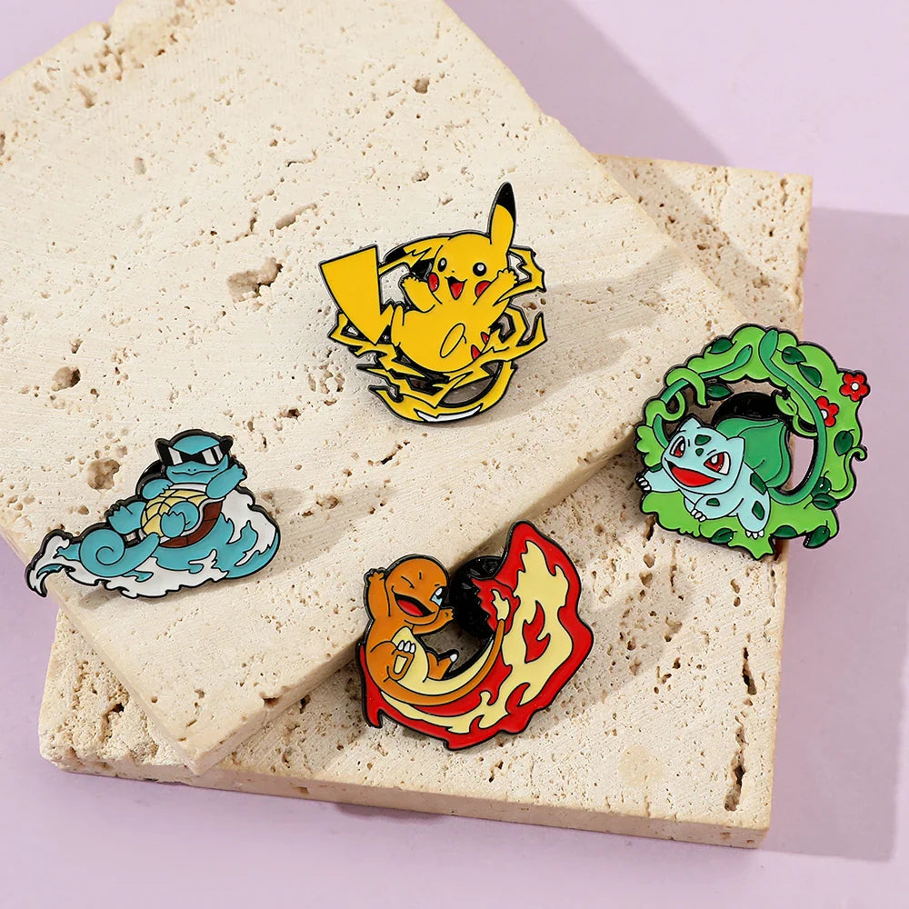 Cute Cartoon Pocket Monsters Enamel Brooch Set for Bags - 4 Pcs Creative Animated Character Accessories
