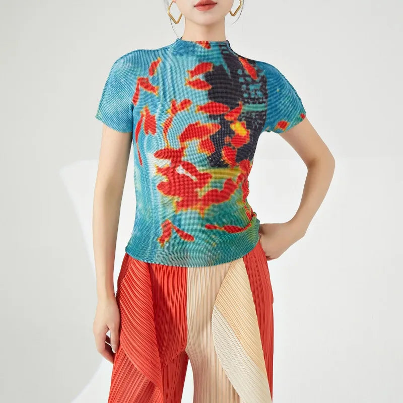 Vintage Fish Print Turtleneck Y2K Women Tees Summer Slim Fit Tops