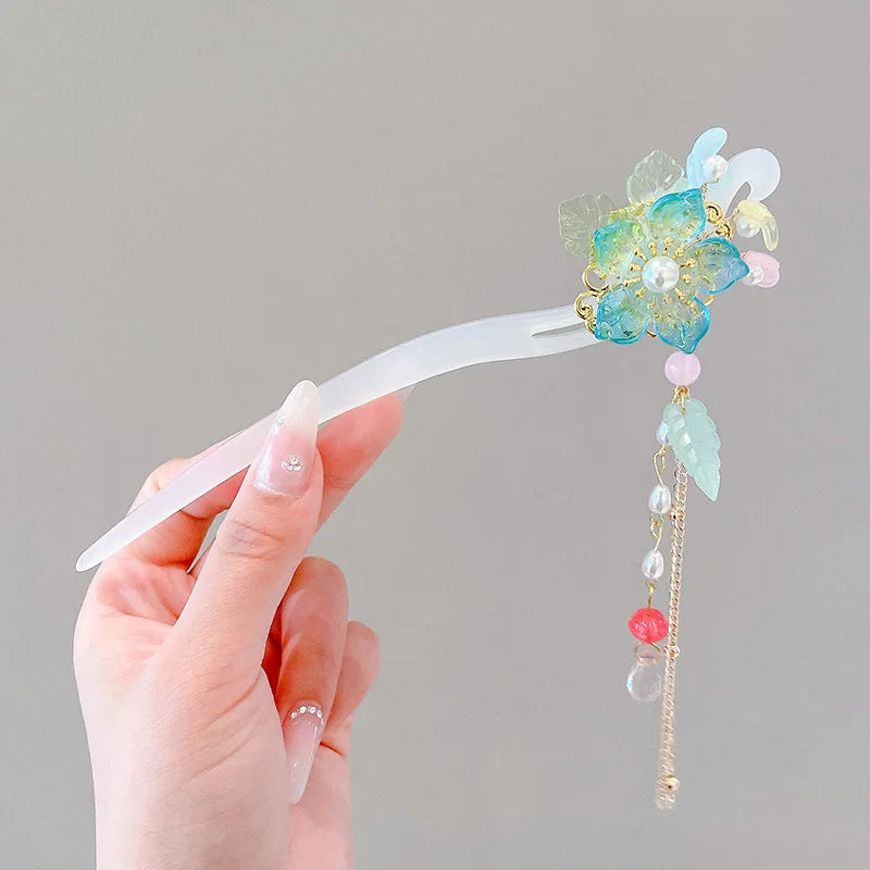 Elegant Enameled Flower Tassel Hair Clip Alloy Hairpin for Women Stylish Chinese Hair Accessory