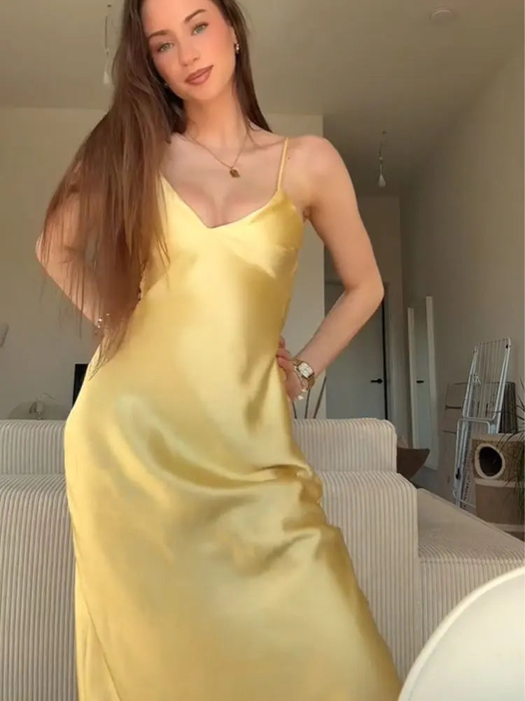 Yellow Satin Dress V Neck Backless For Women Party Evening