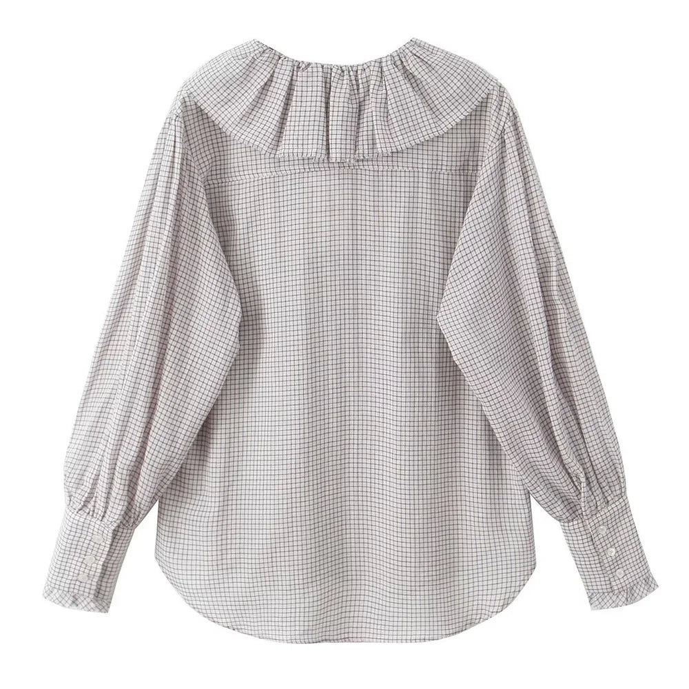 Casual Women's Long Sleeve Loose Fit Layered Small Grid Decorative Shirt for Autumn Versatile Everyday Wear