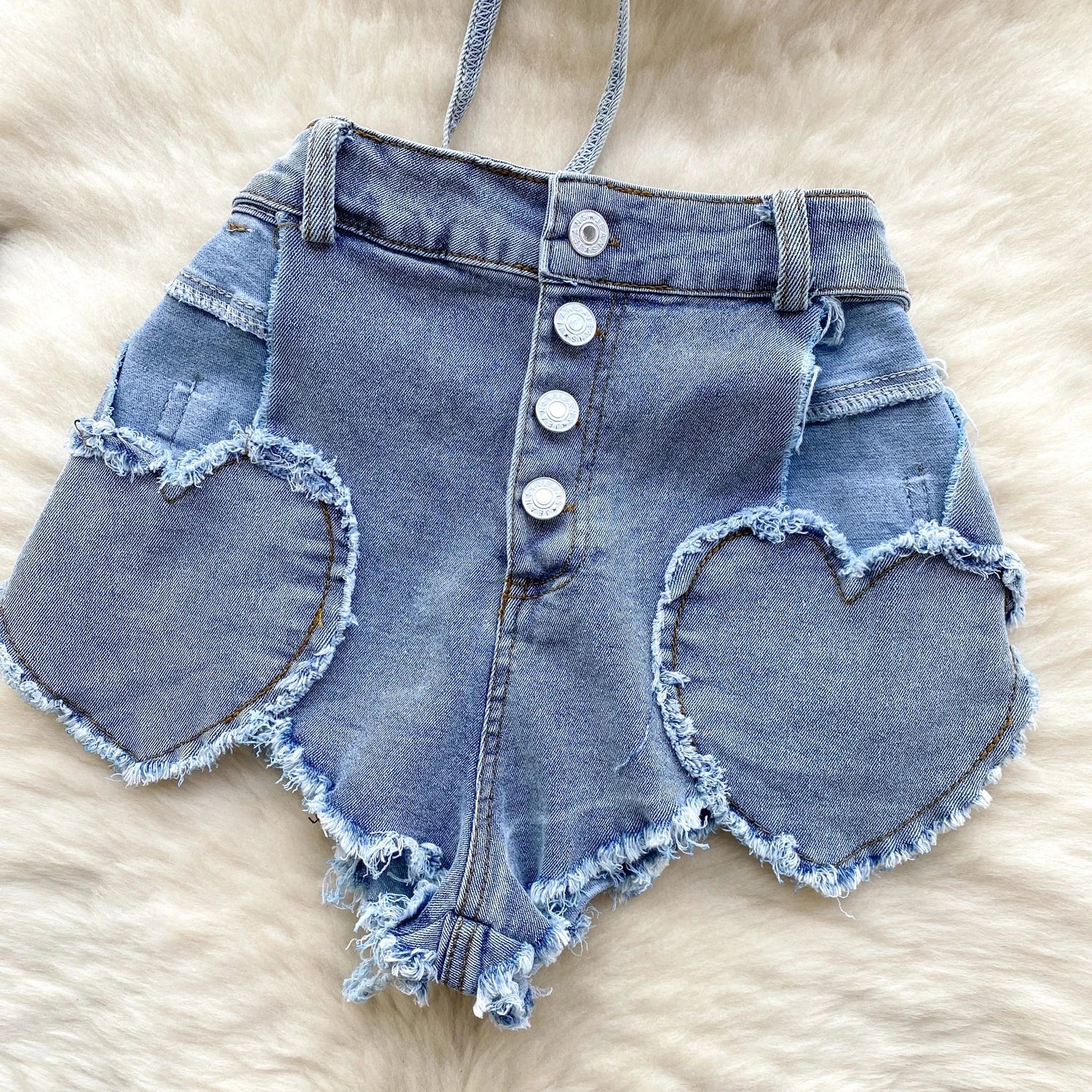 Blue Halter Sleeveless Backless Bikini Top with Buttoned Denim Shorts Sexy Vintage Beachwear Set