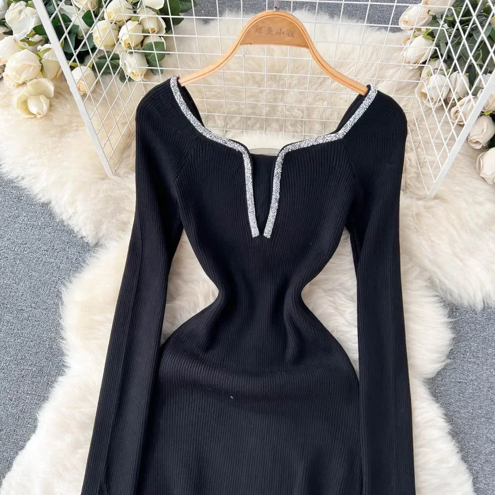 Knit Bodycon Dress For Women Long Sleeve Winter Sweater