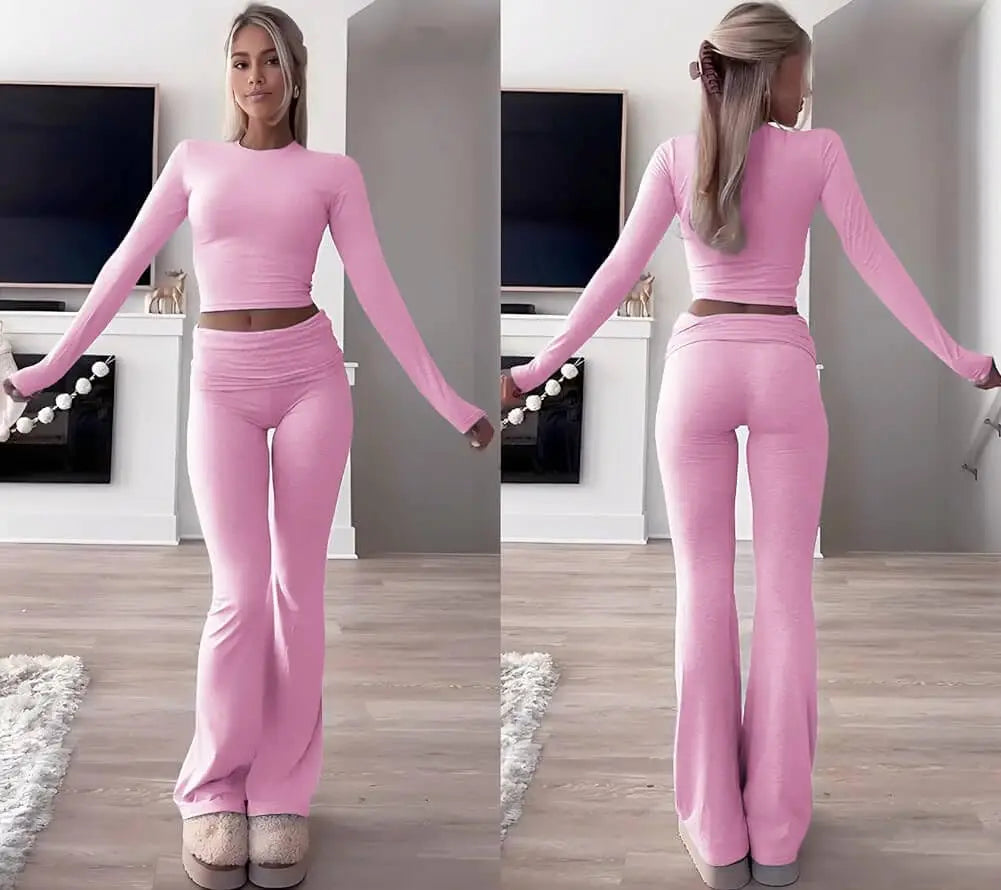 Casual Workout Two Piece Sets for Women Short Sleeve Crop Top and High Waist Flare Pants Tracksuit