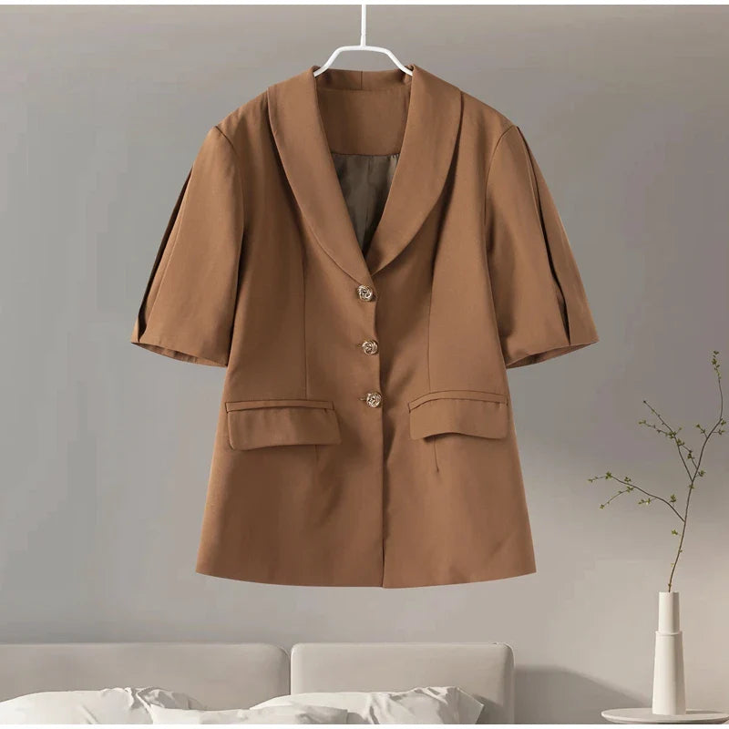 Casual Women Blazer Pants Suit with Slim Lapel Puff Sleeves and Wide Leg Trousers 2 Piece Outfit