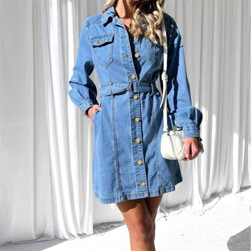 Patchwork Denim Dress With Double Pockets High Waist