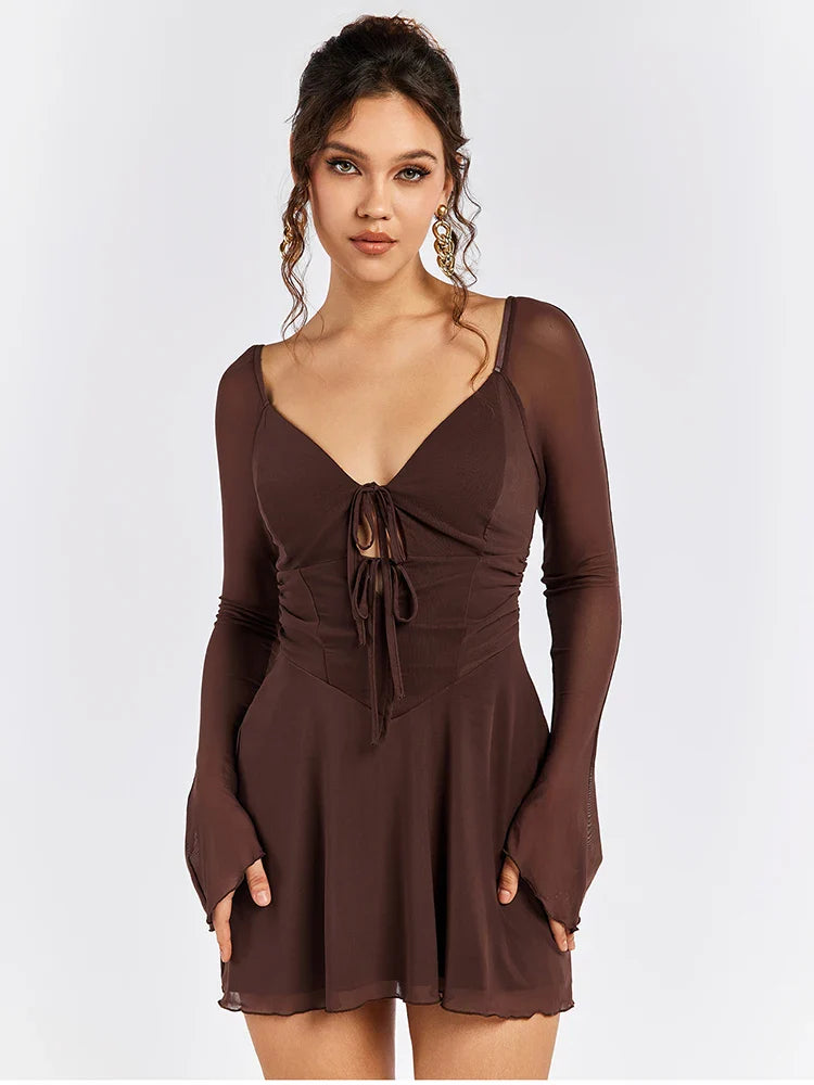 Sexy Hollow Out Bandage Mini Dress With Full Sleeves