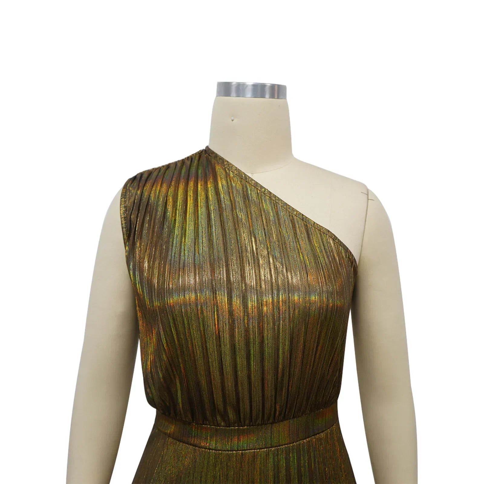 One Shoulder Metallic Pleated Maxi Dress Evening Gown