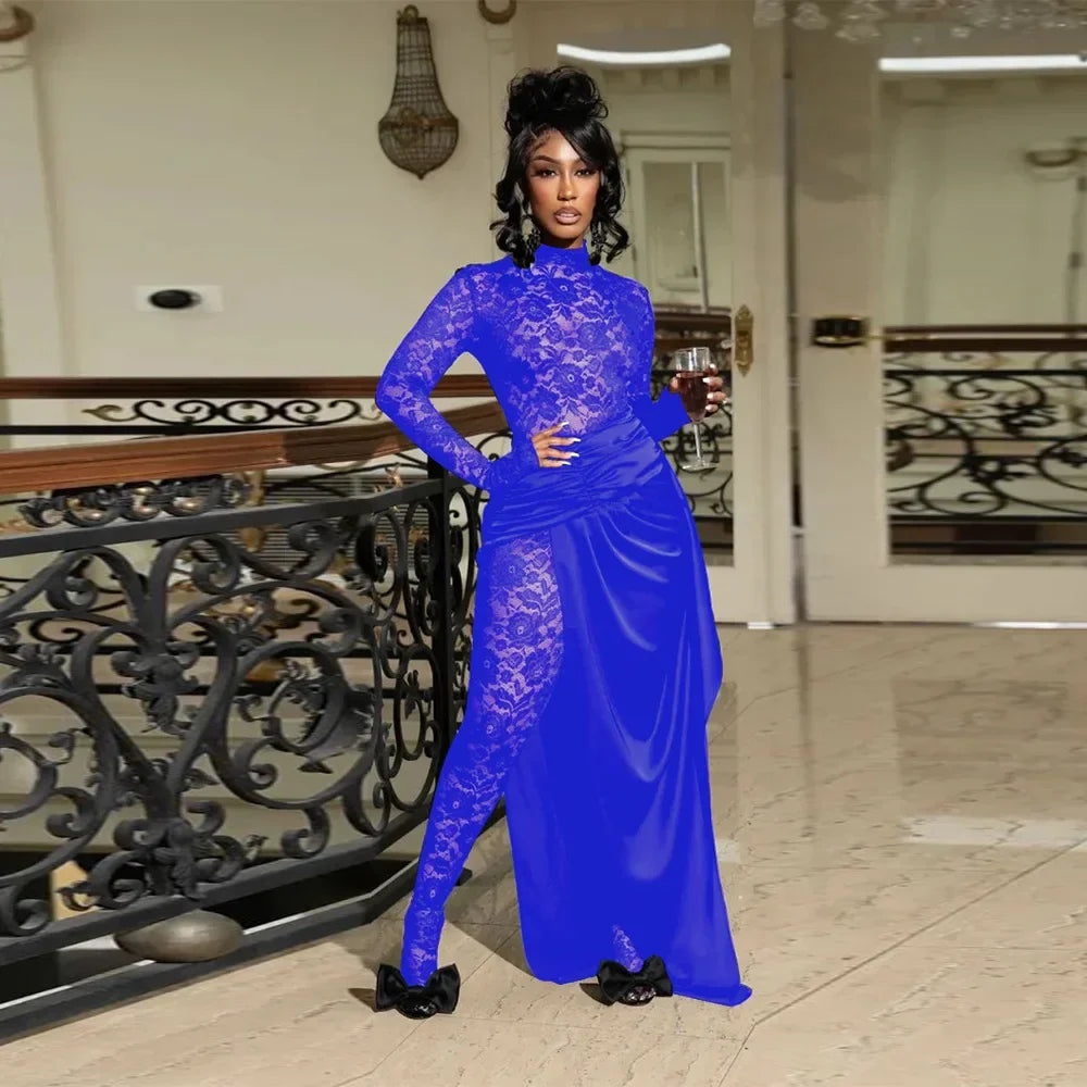 Sexy Sheer Floral Lace Jumpsuit with Overlay Skirt Stretchy Skinny One Piece Romper for Nightclub Party Women Clubwear