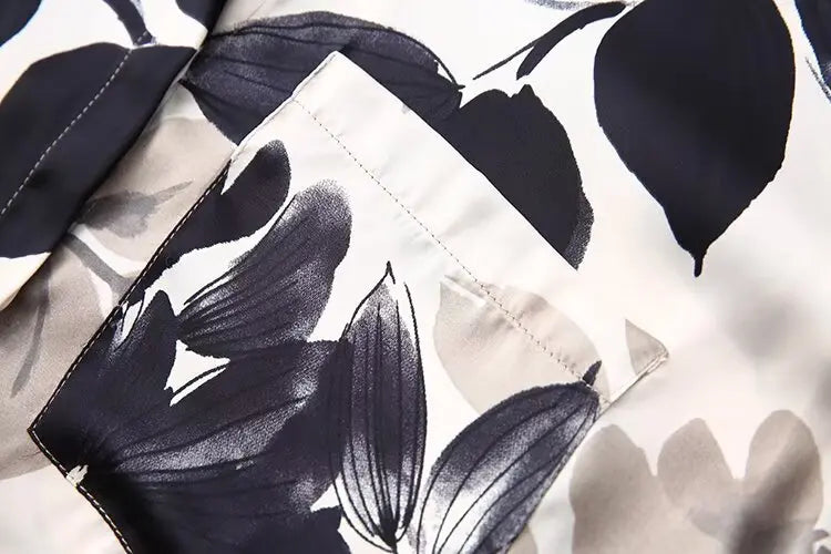 Women's Satin Textured Printed Shirt Long Sleeve Lapel Single-Breasted Slim Fit Casual Chic Top for Spring and Summer