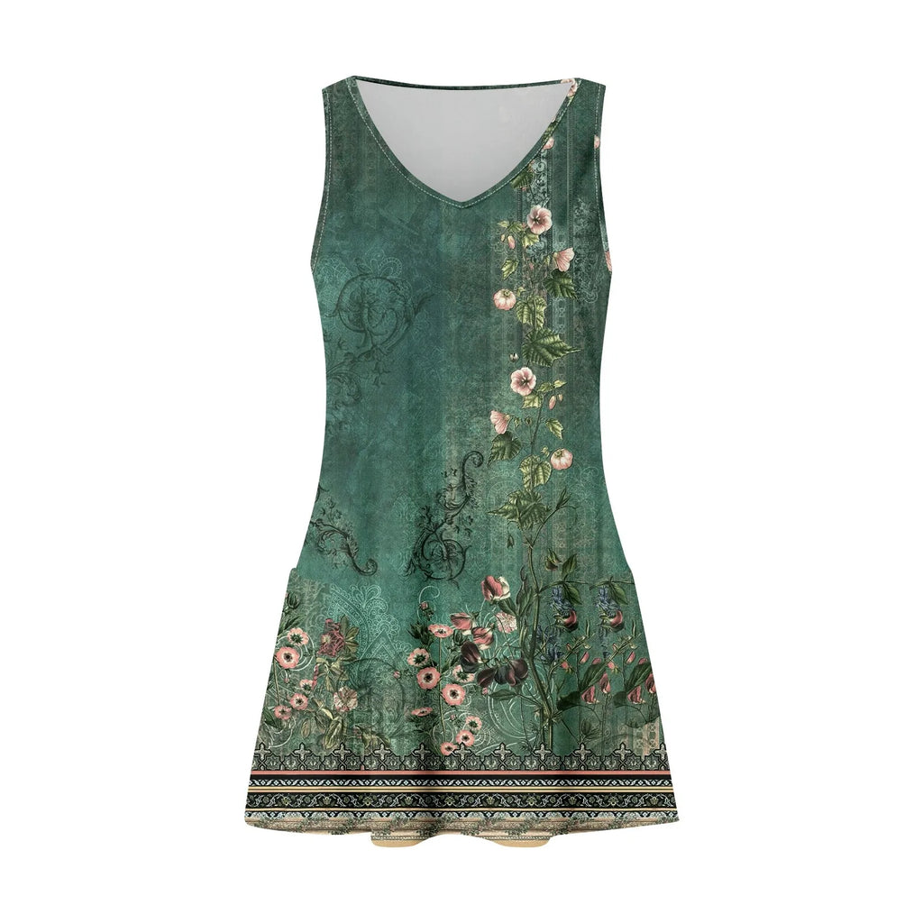 Floral Print Beach Dress Sleeveless V Neck Mini With Pockets