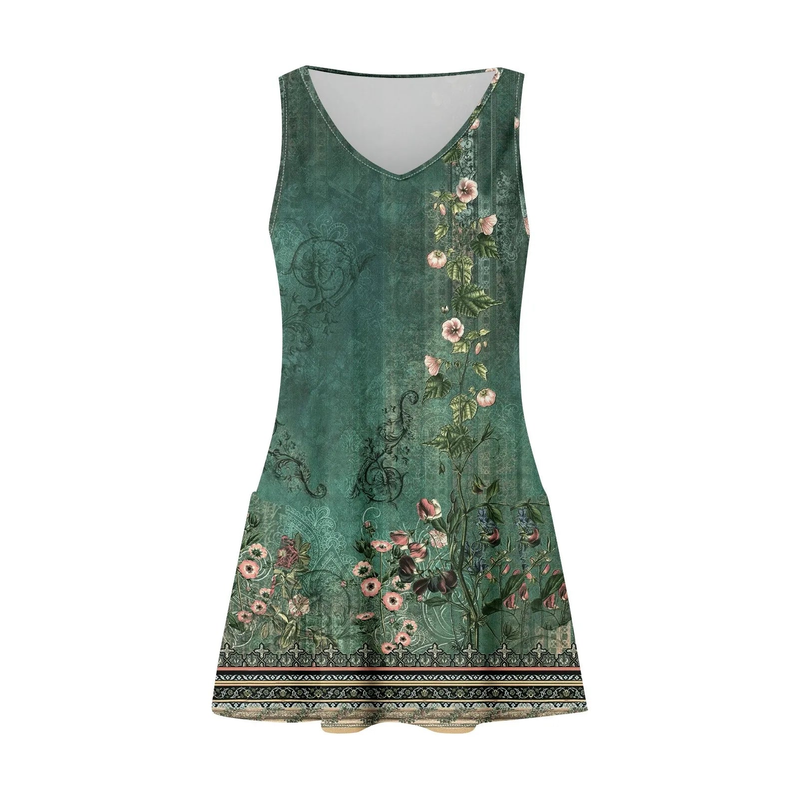 Floral Print Beach Dress Sleeveless V Neck Mini With Pockets