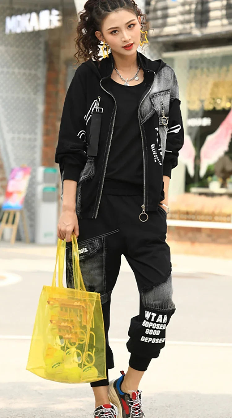 Spring Punk Fashion Women's Two Piece Set with Loose Hooded Jacket and Classic Fitness Pants