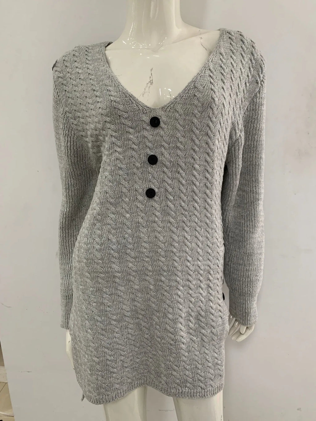 V Neck Knitted Dress Slim Fit Autumn Winter Solid Color