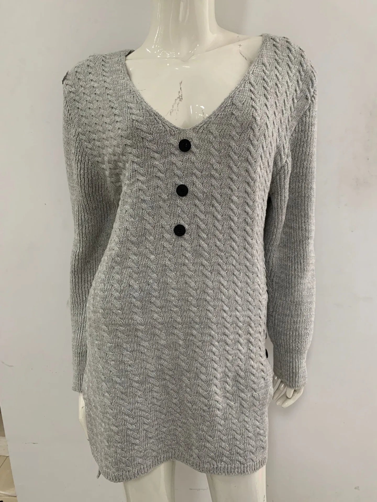 V Neck Knitted Dress Slim Fit Autumn Winter Solid Color
