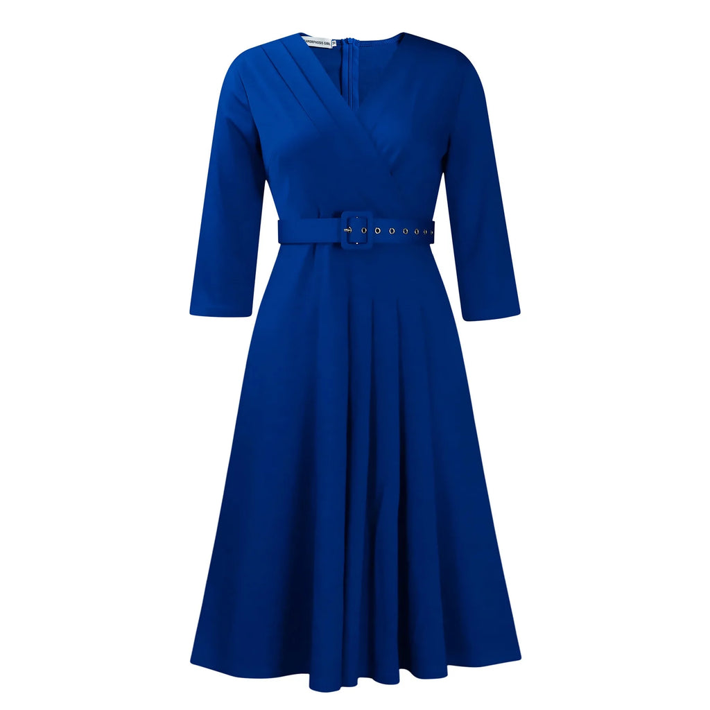 V Neck Office Dress For Women Belted Pleated Mid Calf