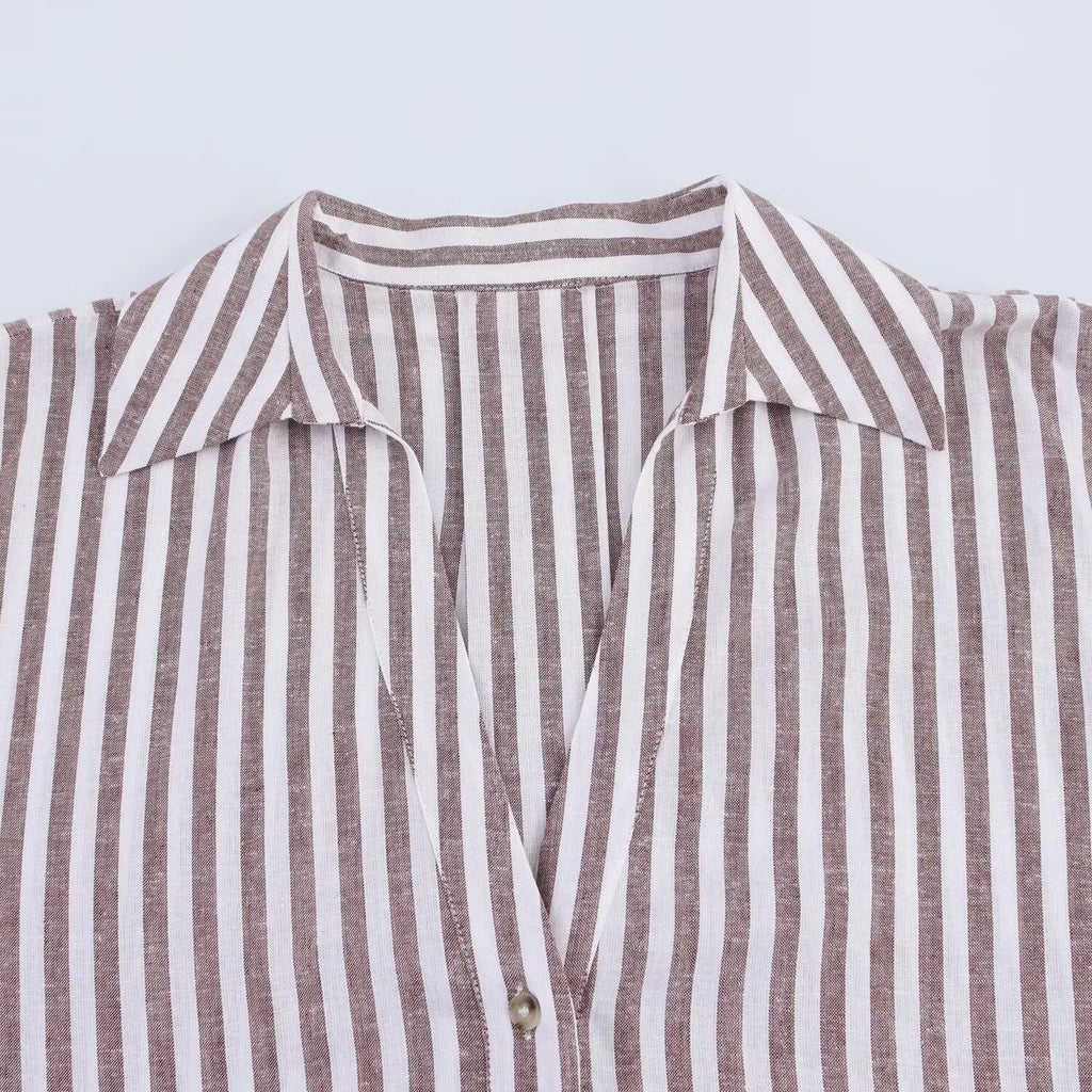 Women's Collared Shirt with Wide Sleeves Simple Striped Single Breasted Stylish Spring Top