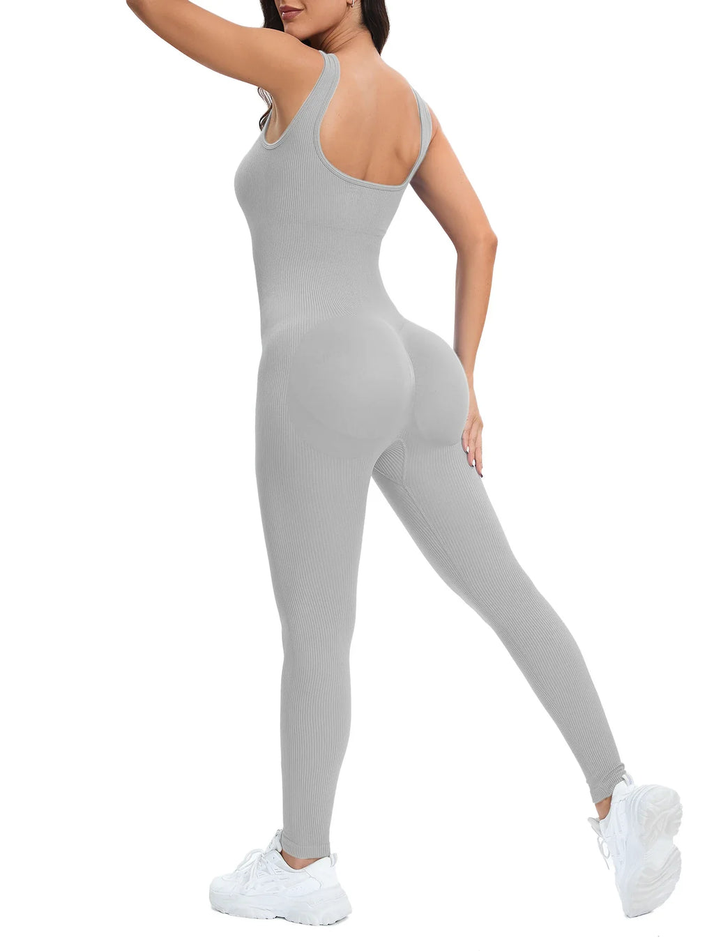 Shapewear Jumpsuit for Women Built-In Bra Sleeveless Bodycon Ribbed Square Neck Summer Romper with Seamless Stretch Fabric and Butt Lifting Support