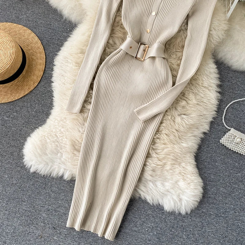 Womens Winter Knitted Dress Stand Collar With Sash Belt