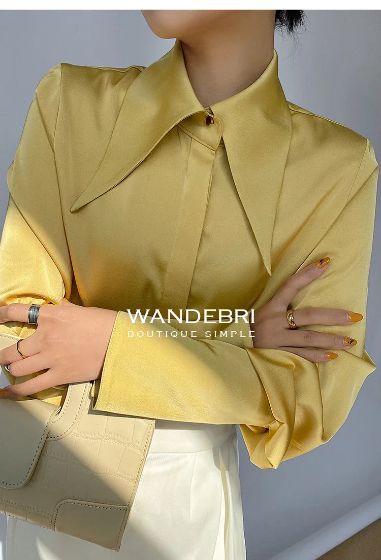 Elegant Turn Down Collar Satin Silk Blouse Vintage Button Closure White Lantern Sleeve Office Lady Shirt Chic Feminine Top