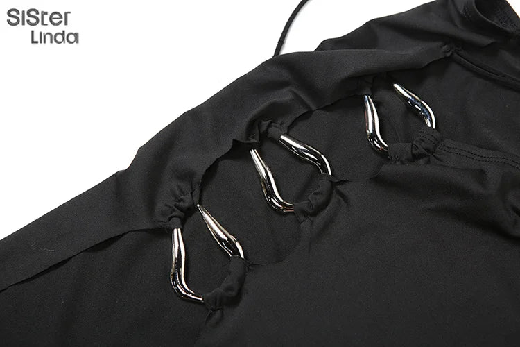 Junior Mid-Calf High Street Skirt Suit for Girls Solid Halter Neck with Slit Cleavage and Backless Design