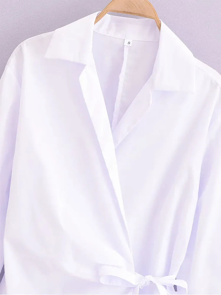 Women's Summer Lapel Poplin Shirt Long Sleeve Slim Fit Bow Tie Wrap Solid Color Blouse
