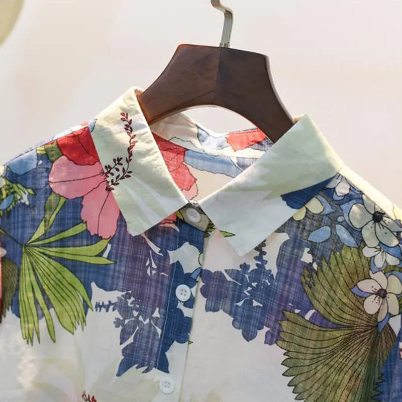 Blue Floral Print Vintage Polo-Neck Long Sleeve Single Breasted Women's Blouse Casual Stylish Top