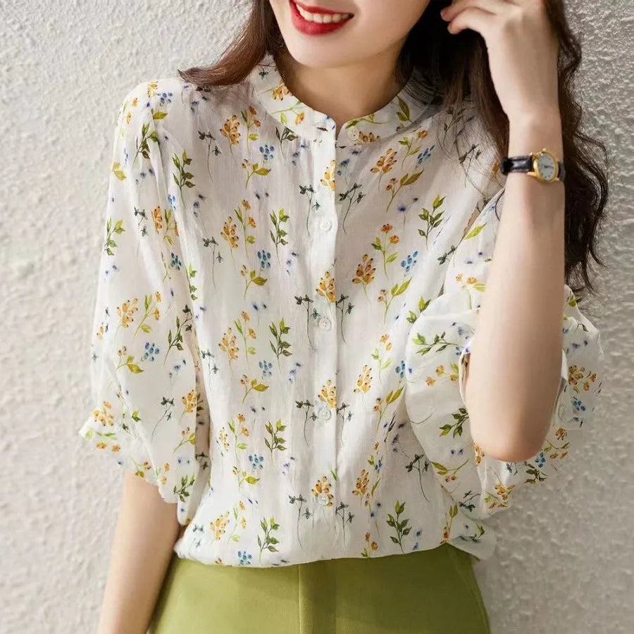 Women Casual Summer Blouse with Short Puff Sleeves and Stand Collar Featuring Elegant Flower Print