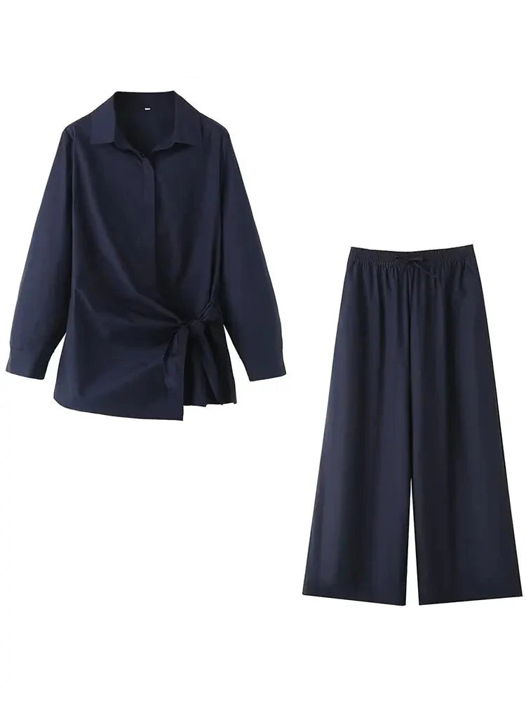 Autumn Women Casual Two Piece Set with Poplin Shirt and High Waist Long Pants