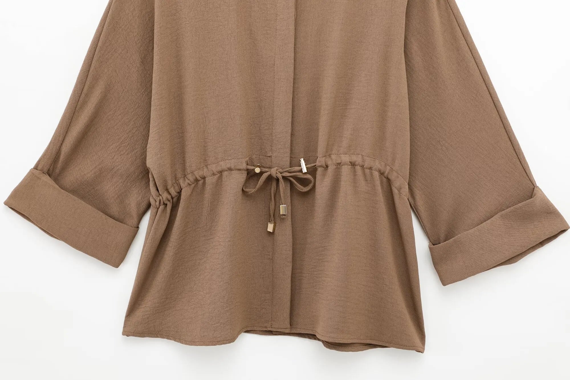 Fashion Women's Casual Pants Set with Solid Khaki Drawstring Waist Blouse and Elastic Waist Baggy Pants