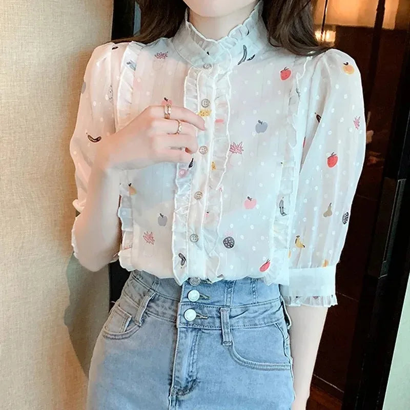 Women's Sweet Floral Print Chiffon Blouse with Edible Tree Fungus Collar, Half Sleeve Lightweight Summer Top, Casual and Comfortable White Shirt