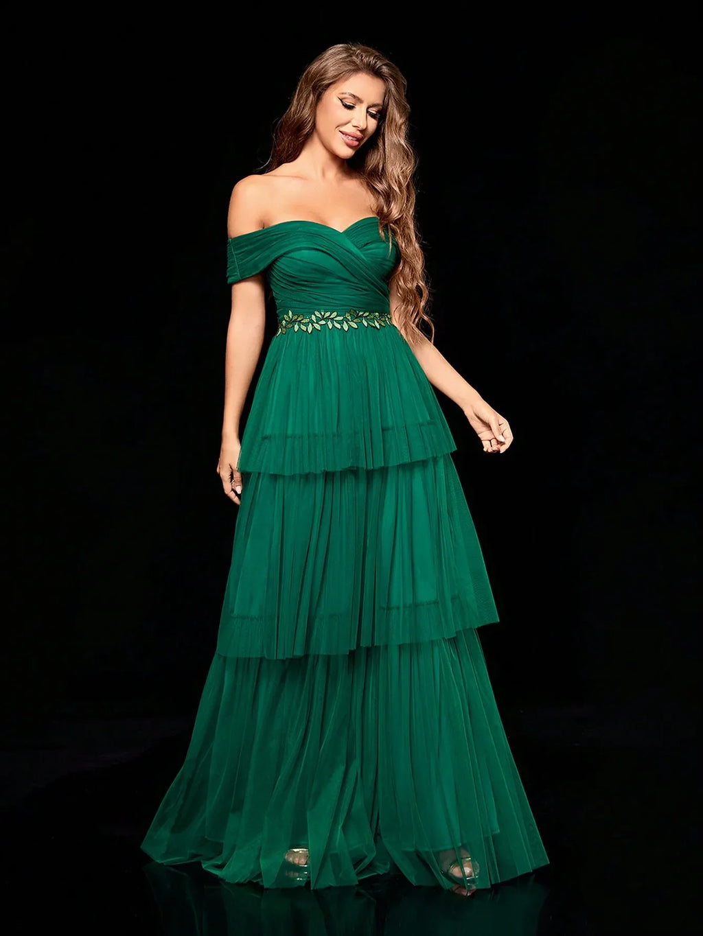 Line Collar Embroidered Long Gauze Evening Gown for Party