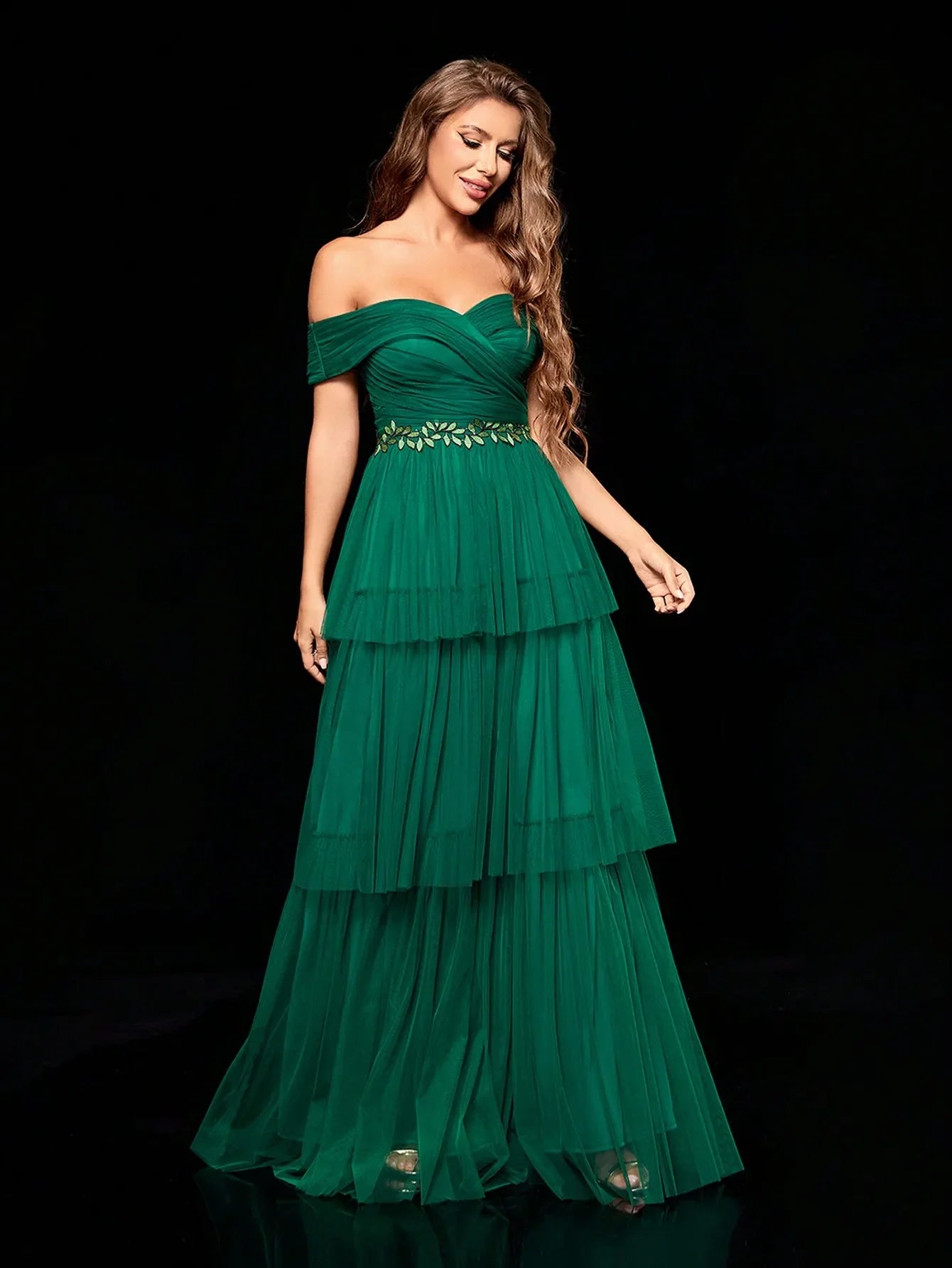 Line Collar Embroidered Long Gauze Evening Gown for Party