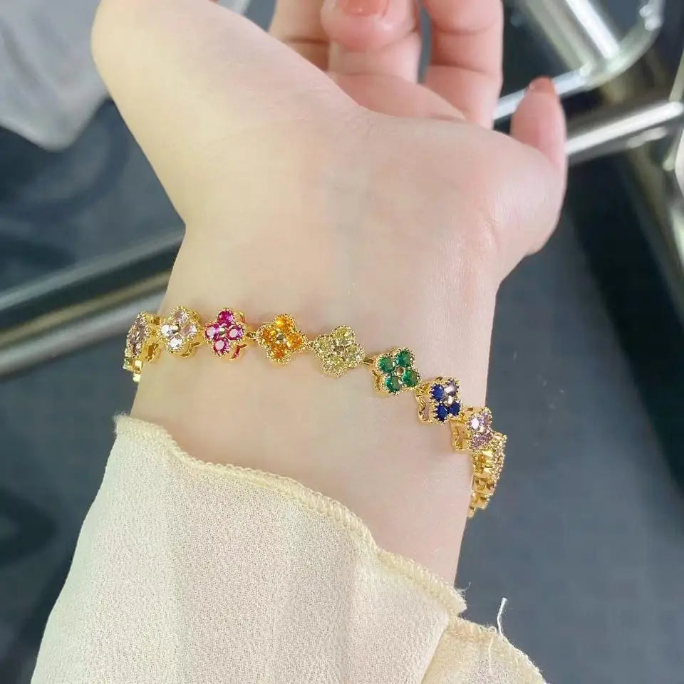 Rainbow Colorful Clover Zircon Bracelet Charming Crystal Jewelry Gift