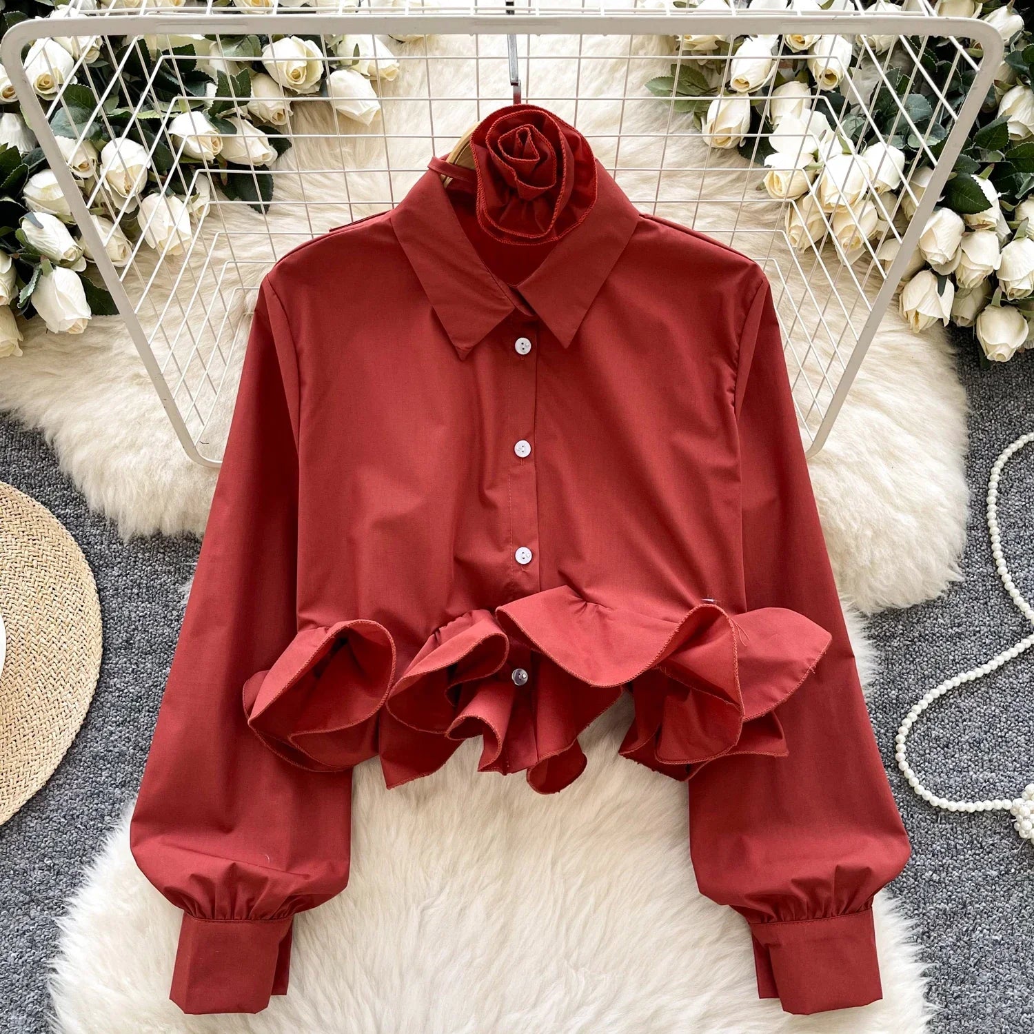 Women's 3D Floral Long Sleeve Blouse Single Breasted Turn-Down Collar Slim Fit Solid Color Shirt