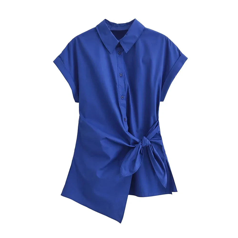 Asymmetric Poplin Shirt for Women with Front Knot Ties Short Sleeve Button-Up Chic Blouse Top
