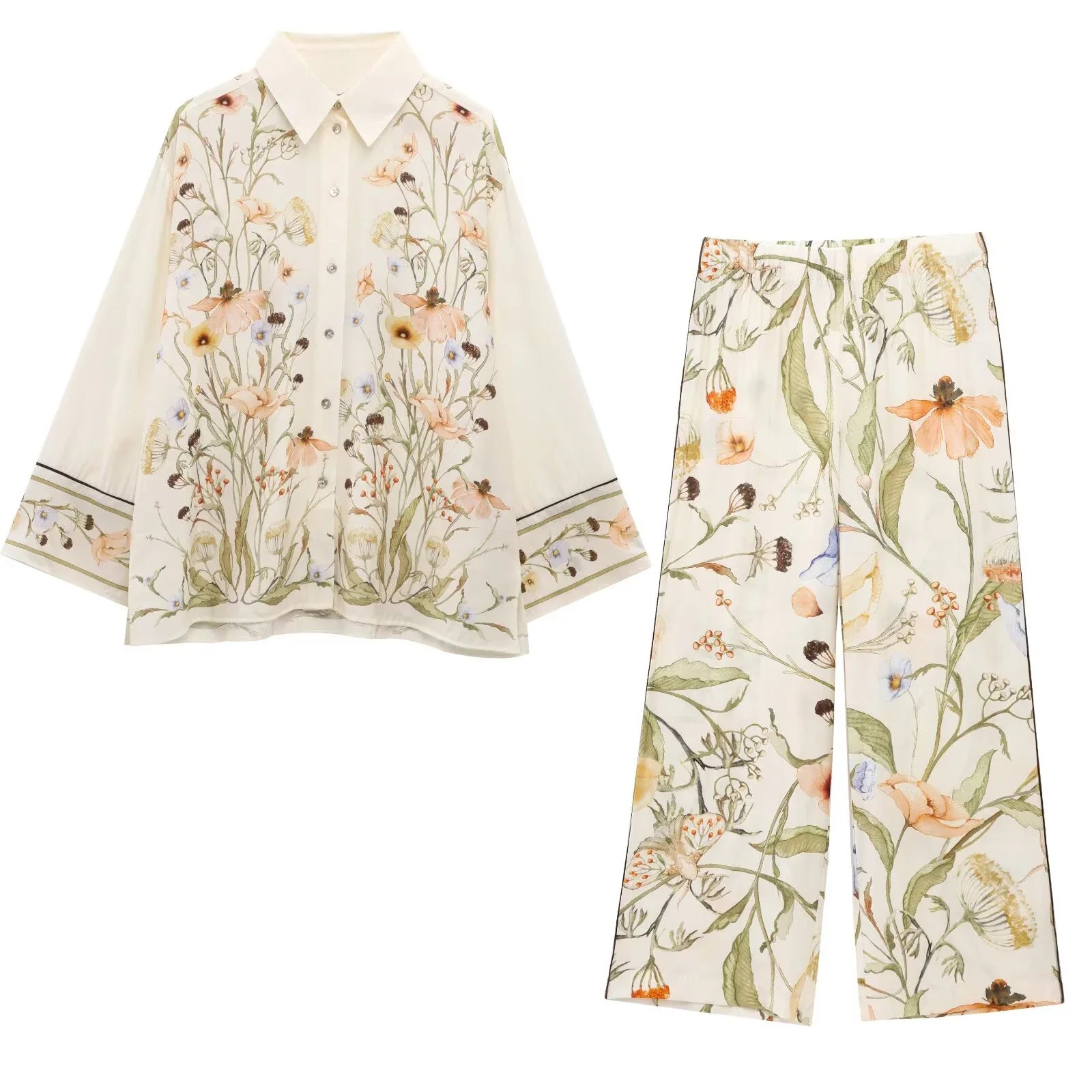 Floral Pattern Women's Shirt and Long Pants Set for Spring Fashion