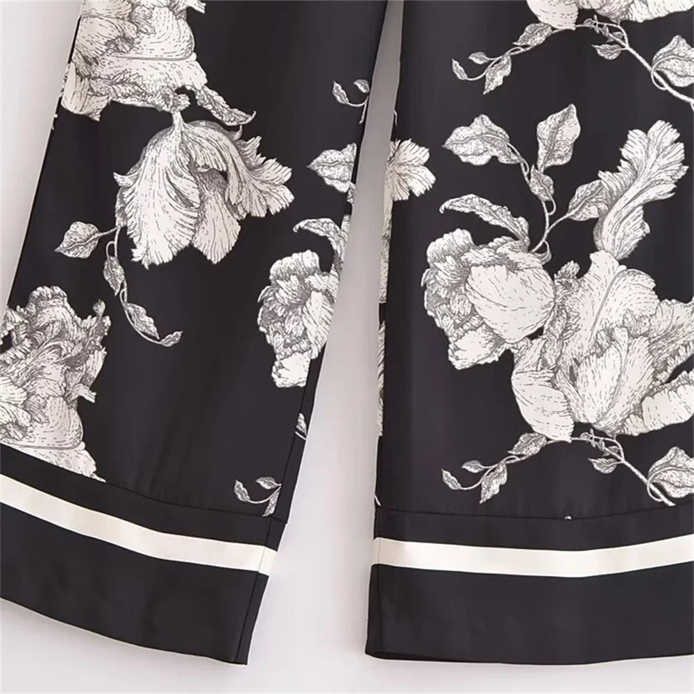 Casual Fashion Printed Collar Long Sleeve Shirt and Drawstring Pants Set for Women