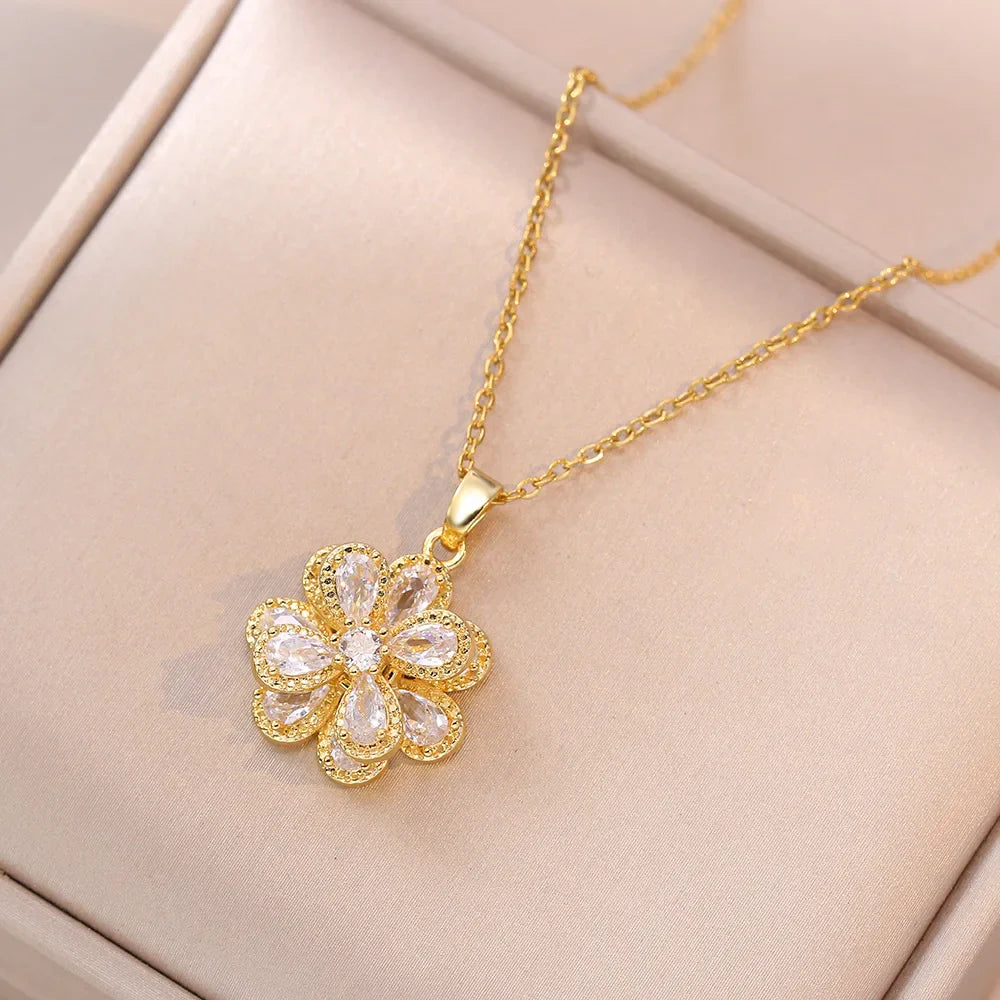 Gold Color Zircon Flower Pendant Necklace for Women Elegant Party Jewelry Gifts