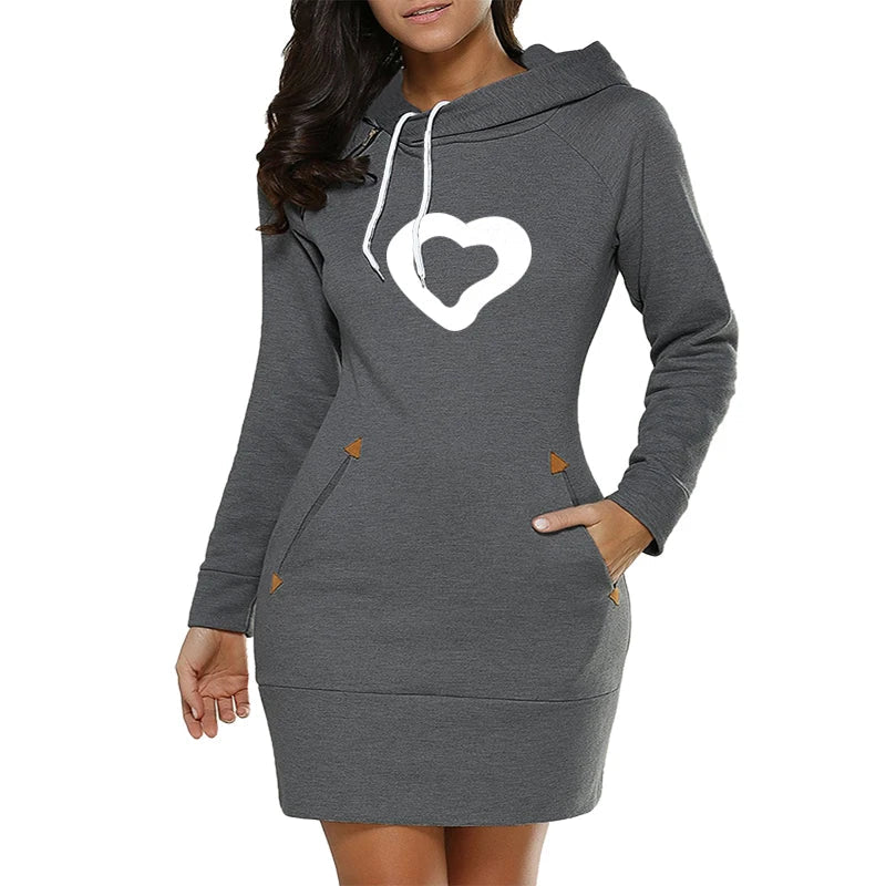 Womens Hooded Midi Dress With Pockets Zip Neckline Casual