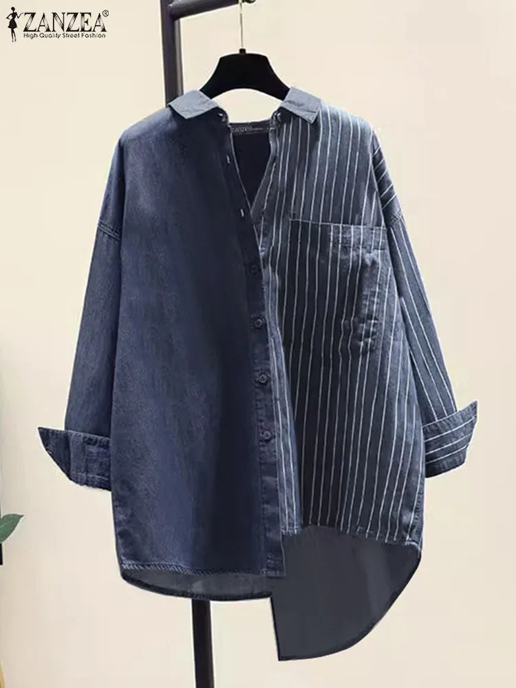 Women's Striped Patchwork Long Sleeve Shirt Casual Loose Blouse with Front Pocket and Shirt Collar Oversized Work and Everyday Wear Top